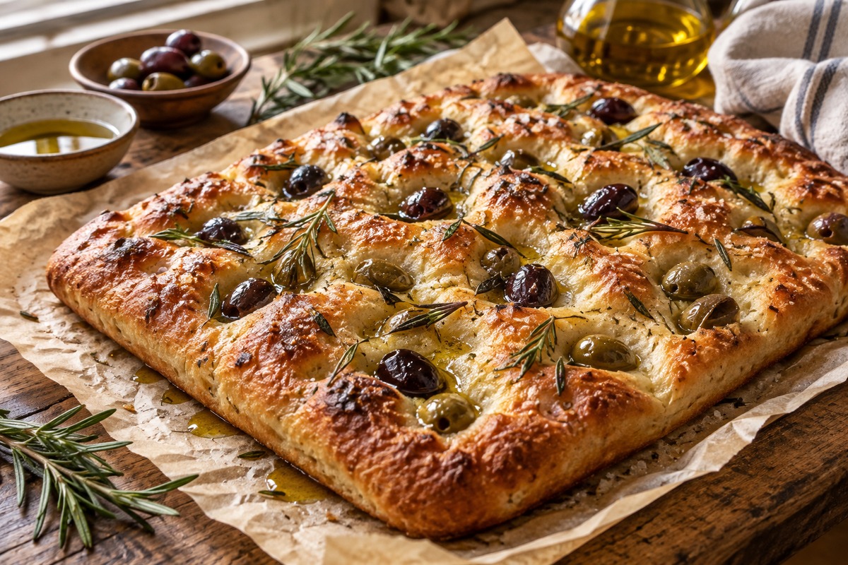 פוקאצ׳ה זיתים ורוזמרין עם קראסט זהוב
