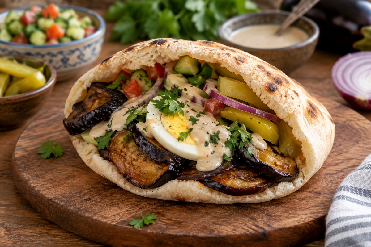 סביח ביתי בפיתה עם חציל מטוגן וביצה